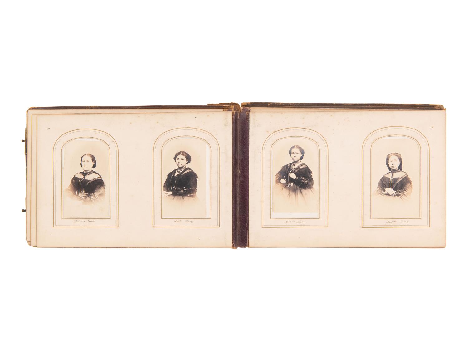 [EARLY PHOTOGRAPHY]. CDV album containing photographs of Mexican and European royalty, generals, and government officials, incl. Benito Juárez and his family.