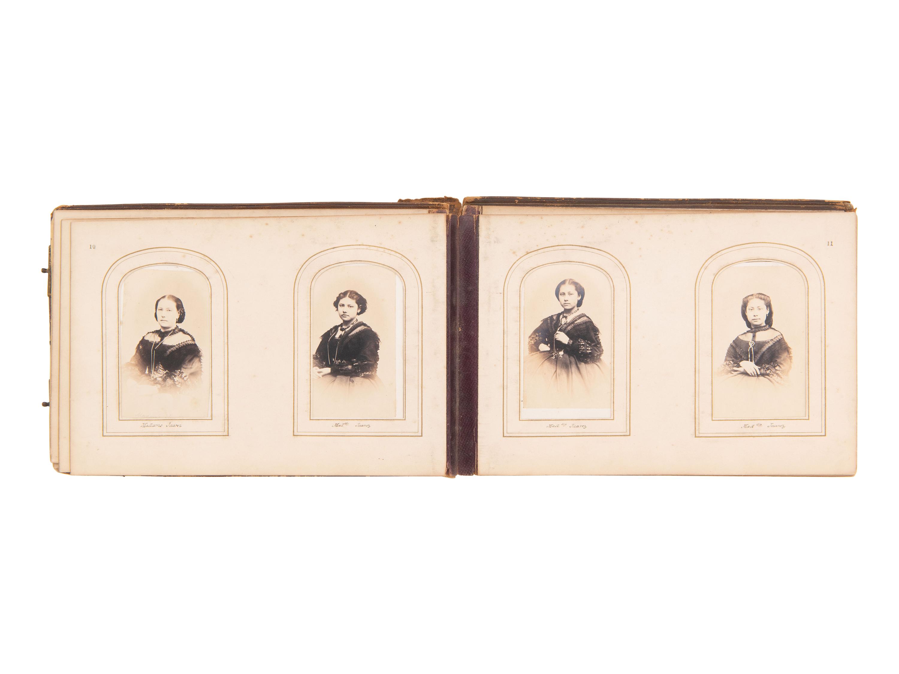 [EARLY PHOTOGRAPHY]. CDV album containing photographs of Mexican and European royalty, generals, and government officials, incl. Benito Juárez and his family.