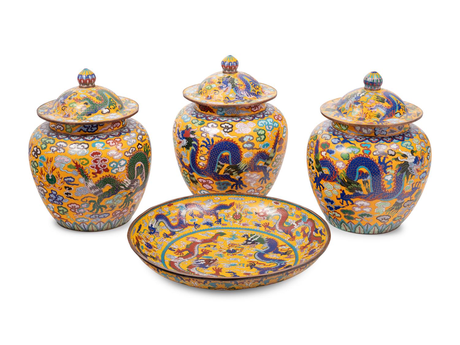 Four Chinese Yellow Ground Cloisonné Enameled Vessels