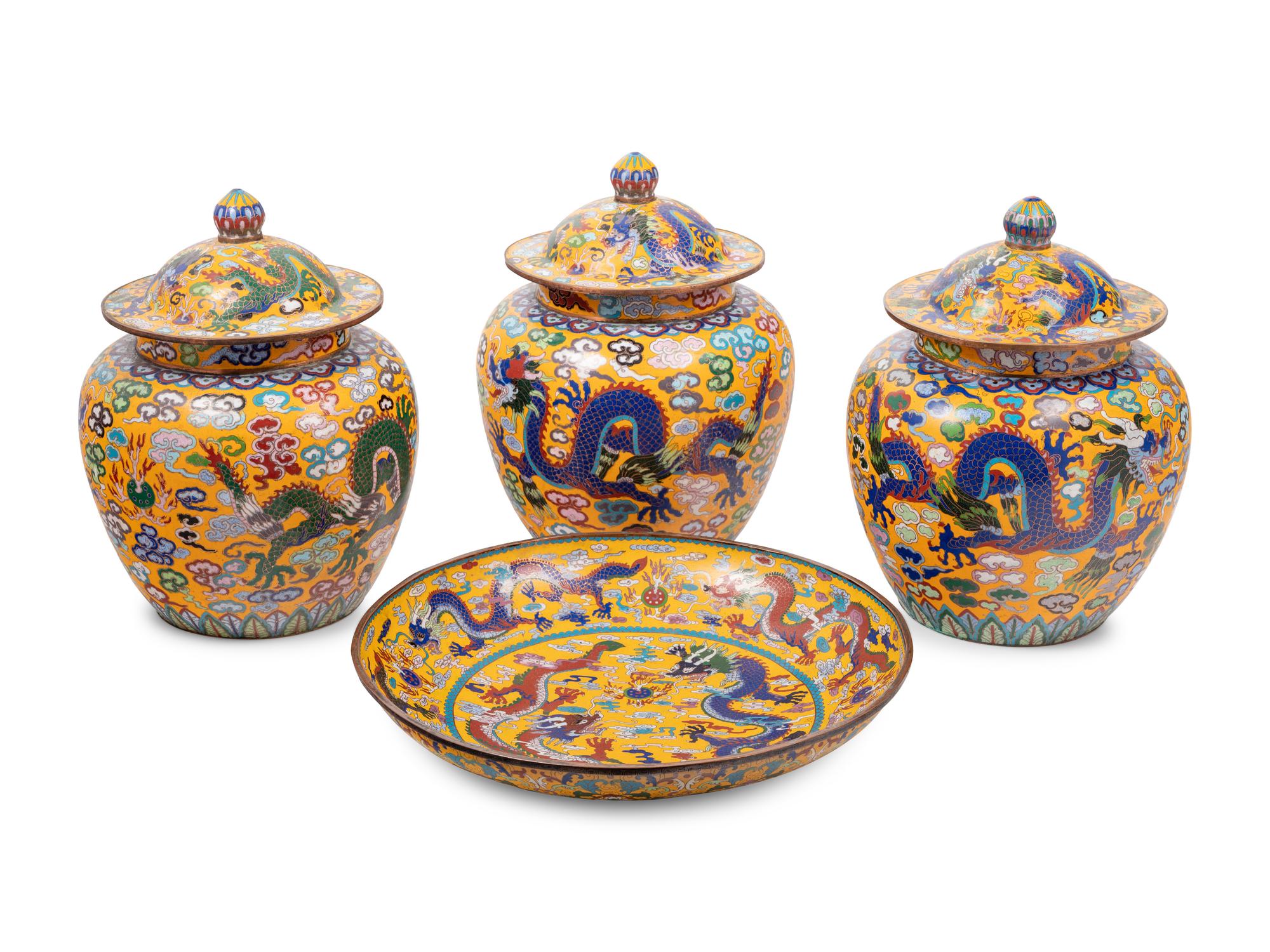 Four Chinese Yellow Ground Cloisonné Enameled Vessels