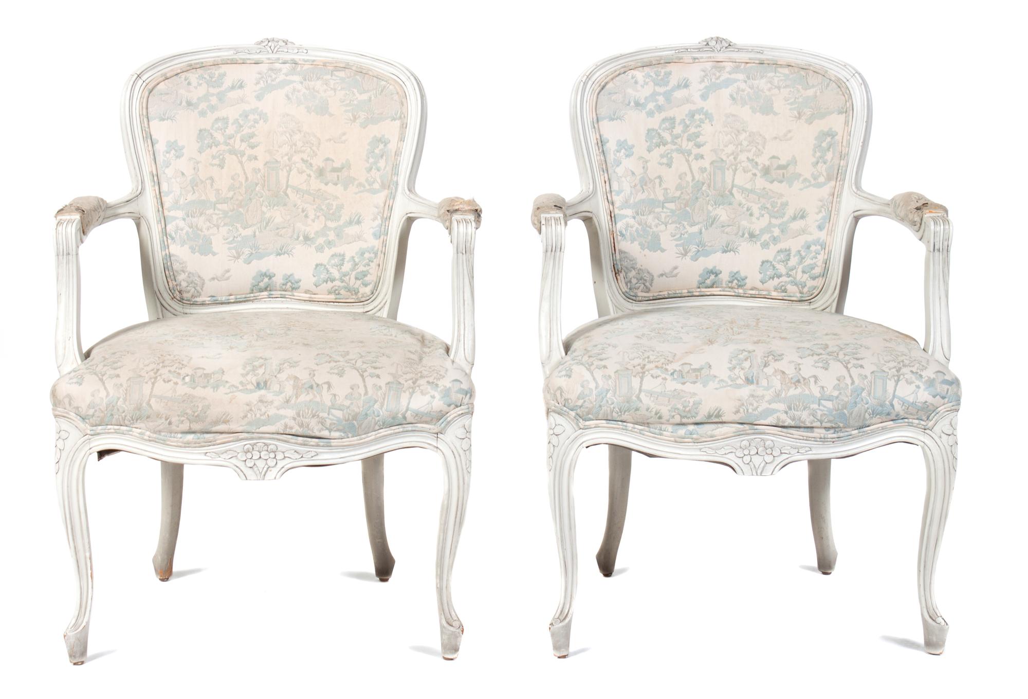 A Pair of Louis XV Style White-Painted Fauteuils Height 31 1/2 inches. — 20TH CENTURY