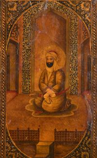A Persian Lacquer Panel in a Marquetry Frame