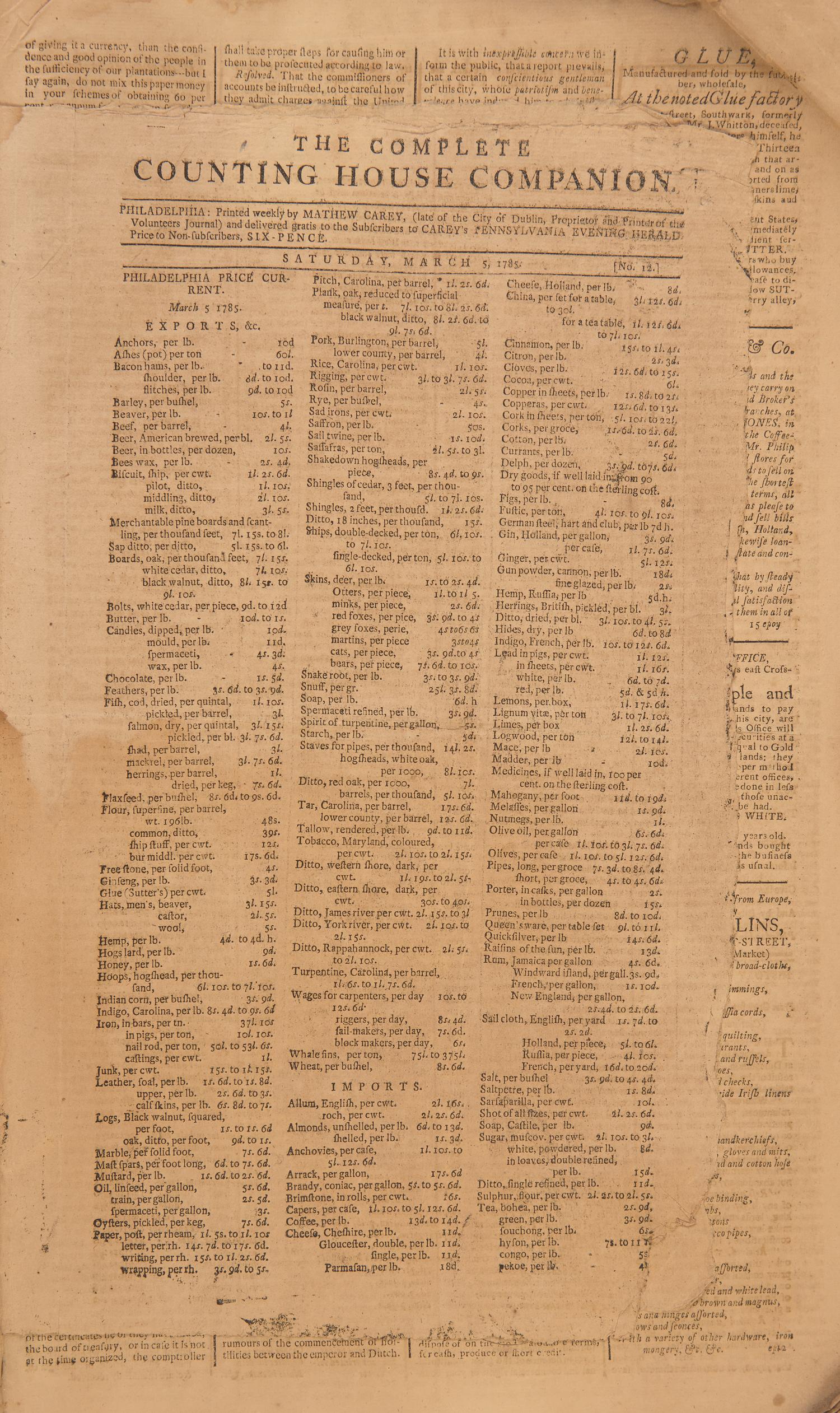[Americana] (Carey, Mathew). Carey's Pennsylvania Evening Herald and American Monitor, Group of Almost 100 Issues