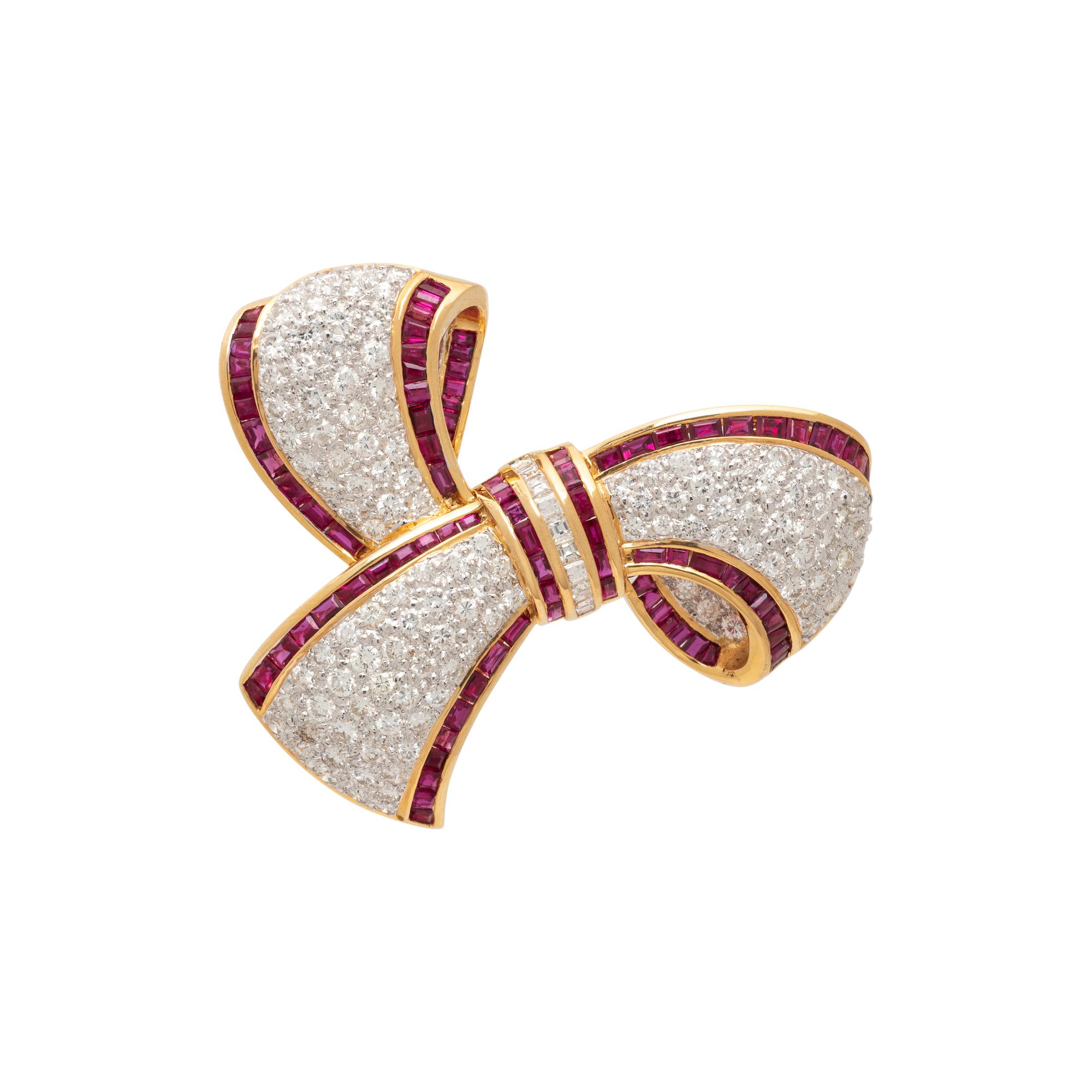 DIAMOND AND RUBY BOW BROOCH