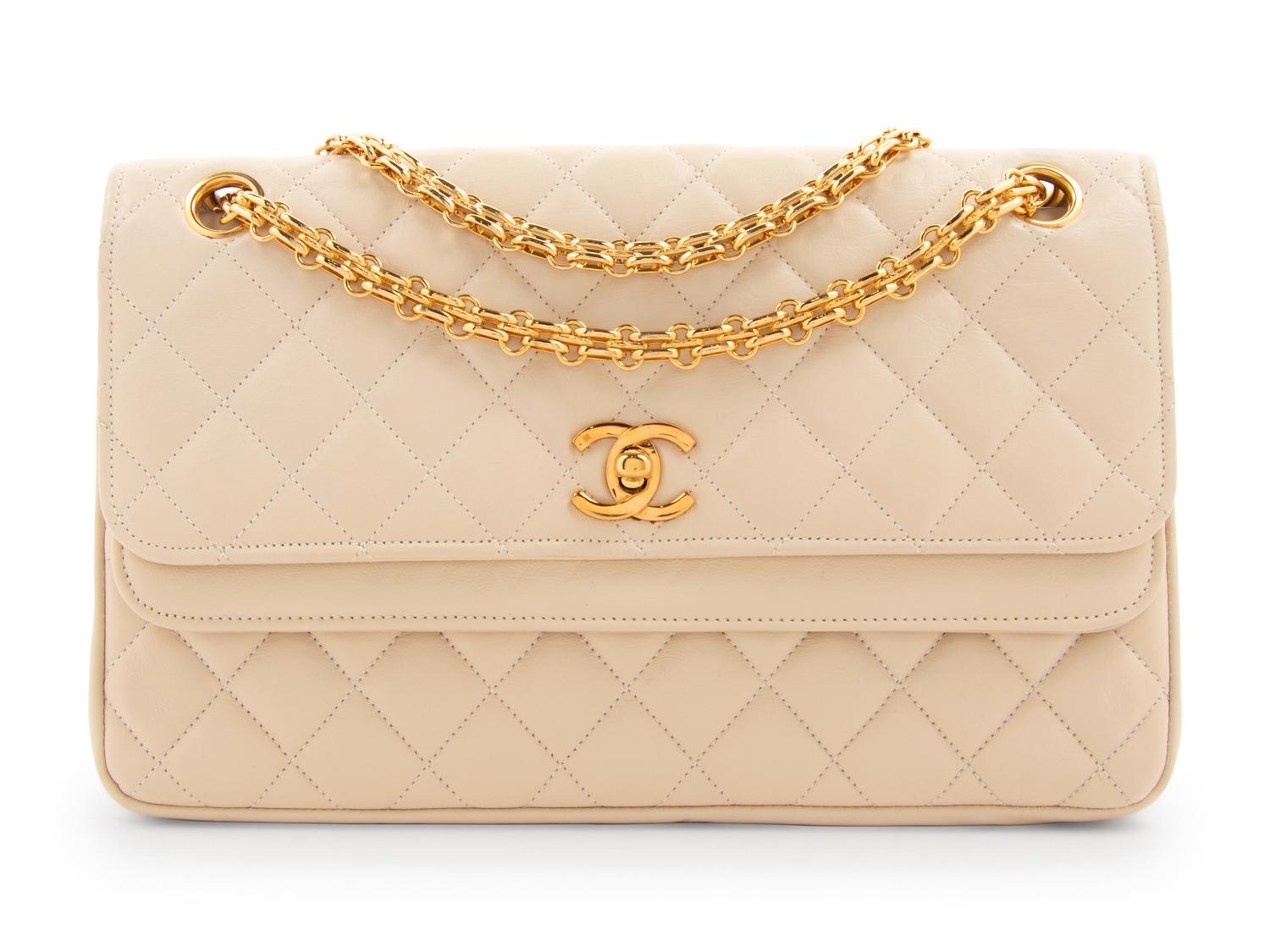 Chanel Cream Quilted Double Flap Bag with Mademoiselle Chain, 1980's