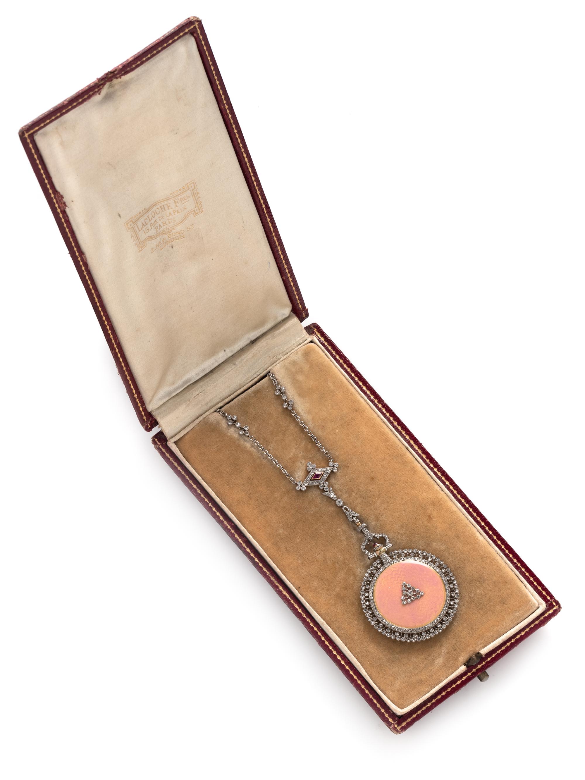 LACLOCHE FRÈRES, ANTIQUE, ENAMEL AND DIAMOND PENDANT WATCH