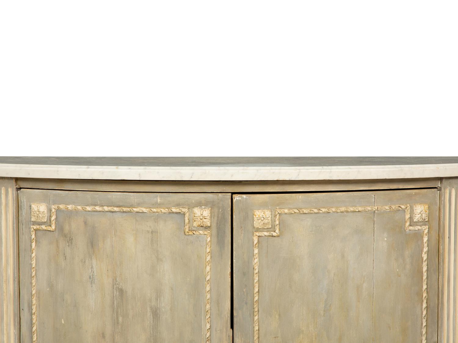 A Louis XVI Style Grey-Painted Marble-Top Demilune Cabinet