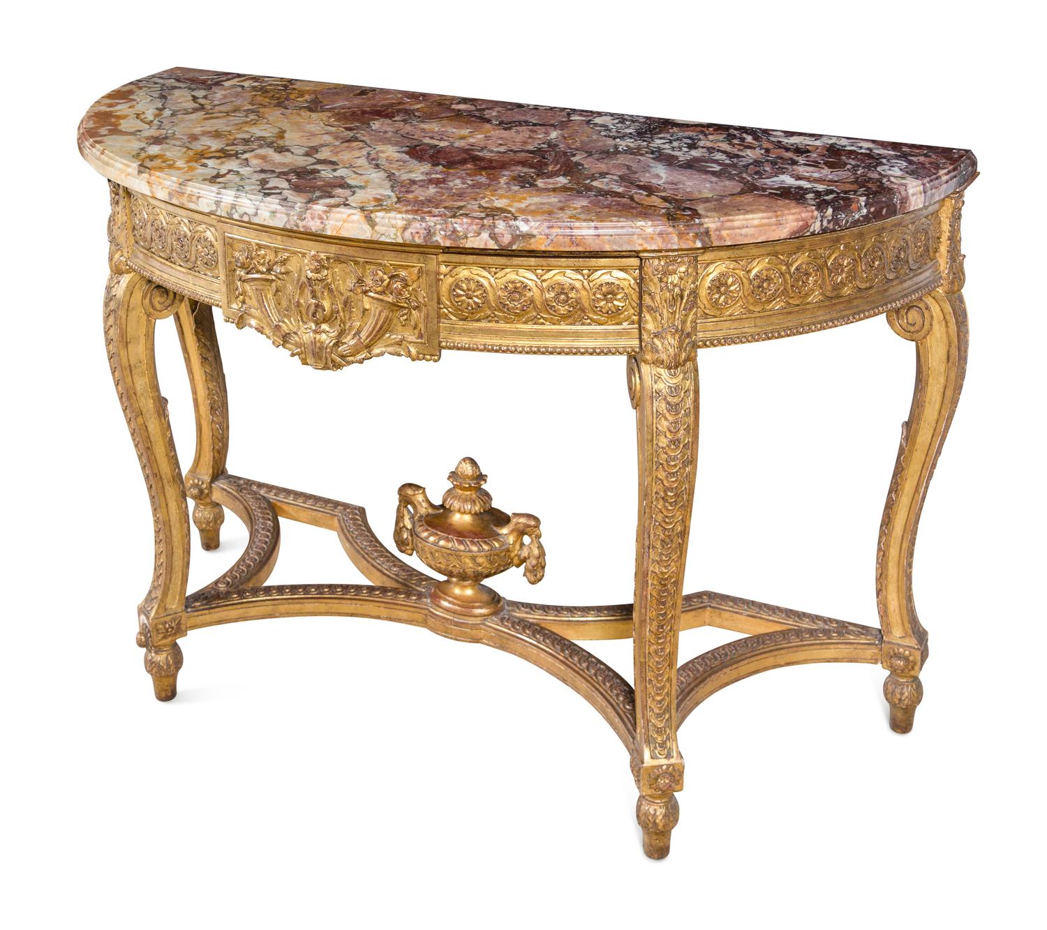 A Pair of Louis XVI Style Giltwood Marble-Top Console Tables