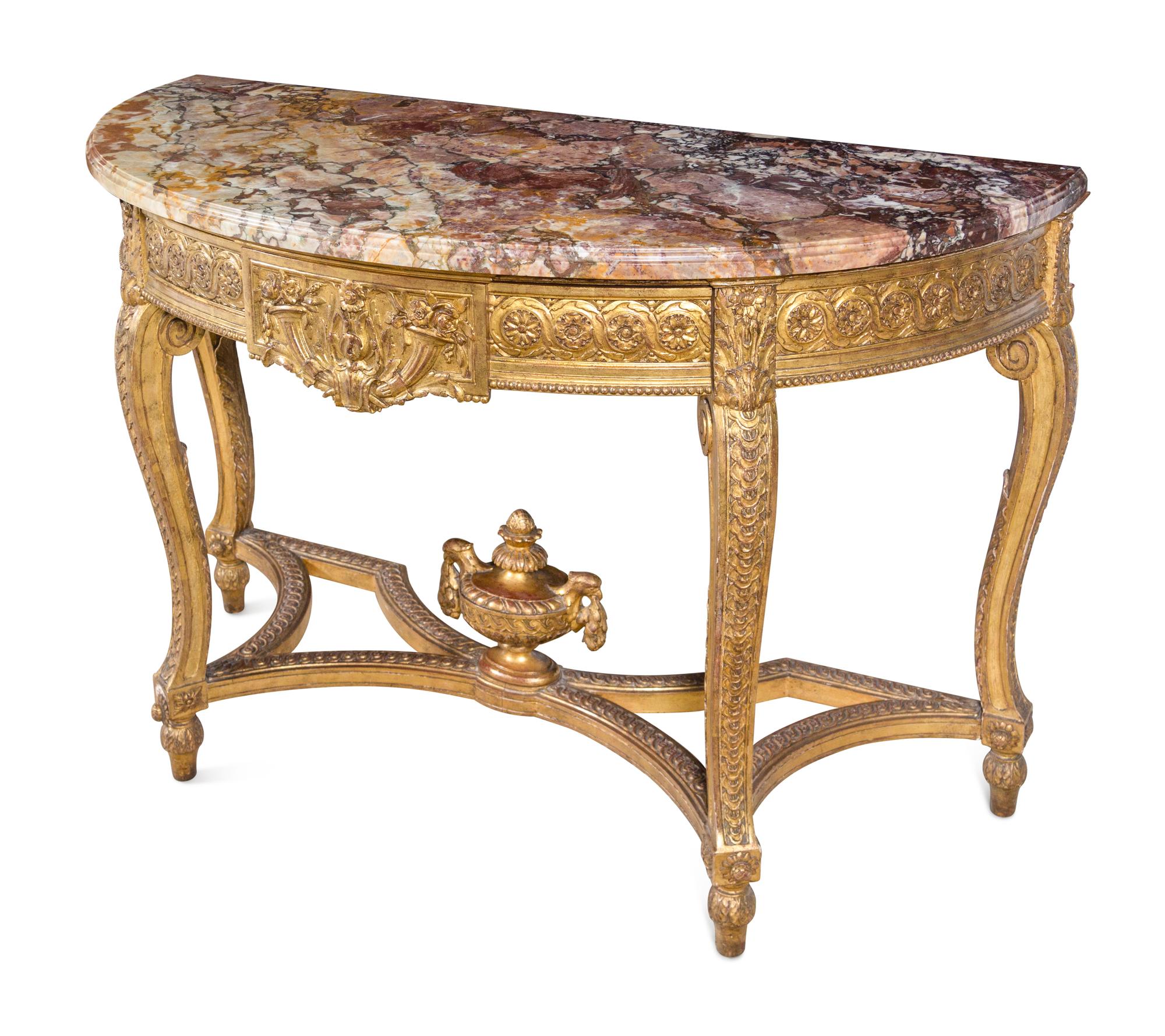 A Pair of Louis XVI Style Giltwood Marble-Top Console Tables