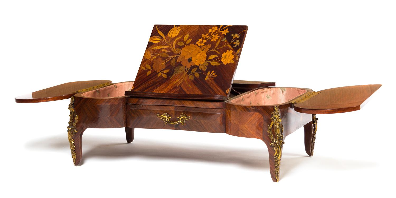 A Louis XV Style Gilt Bronze Mounted Marquetry Poudreuse Height 31 1/2 x width 25 x depth 14 inches. — SIGNED DURAND, EARLY 20TH CENTURY