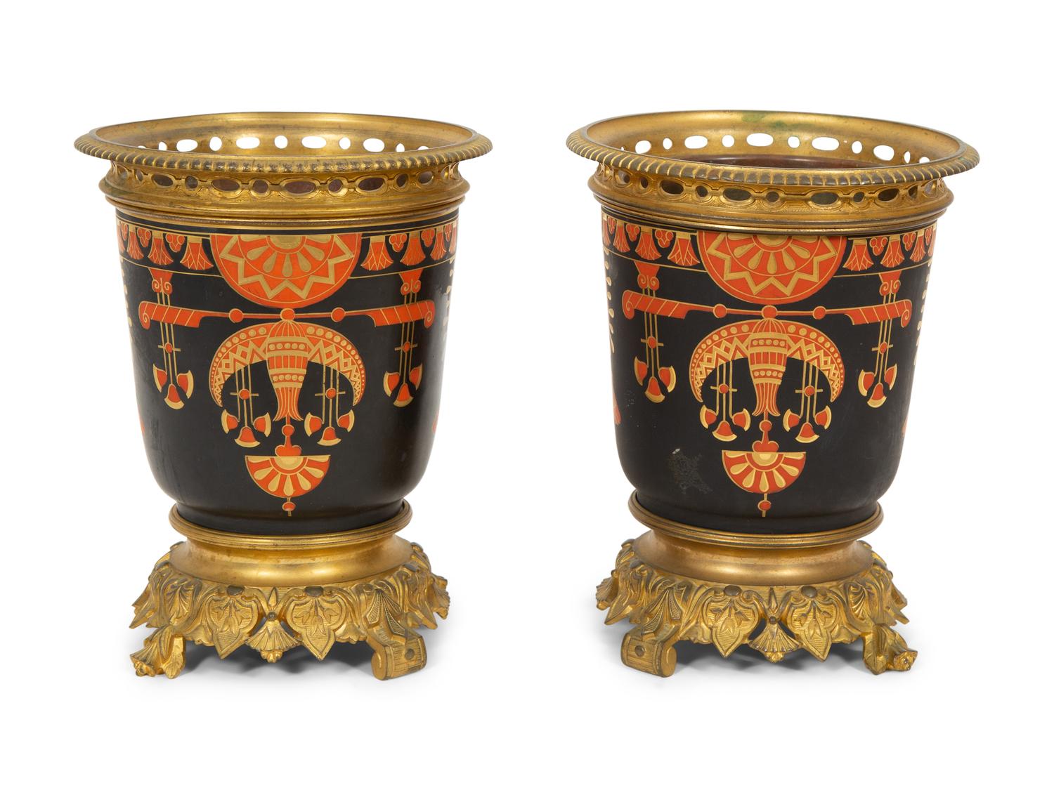 A Pair of French Egyptian Rivival Gilt Bronze Mounted Porcelain Cache Pots
