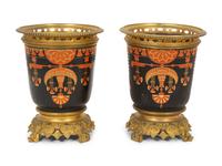 A Pair of French Egyptian Rivival Gilt Bronze Mounted Porcelain Cache Pots
