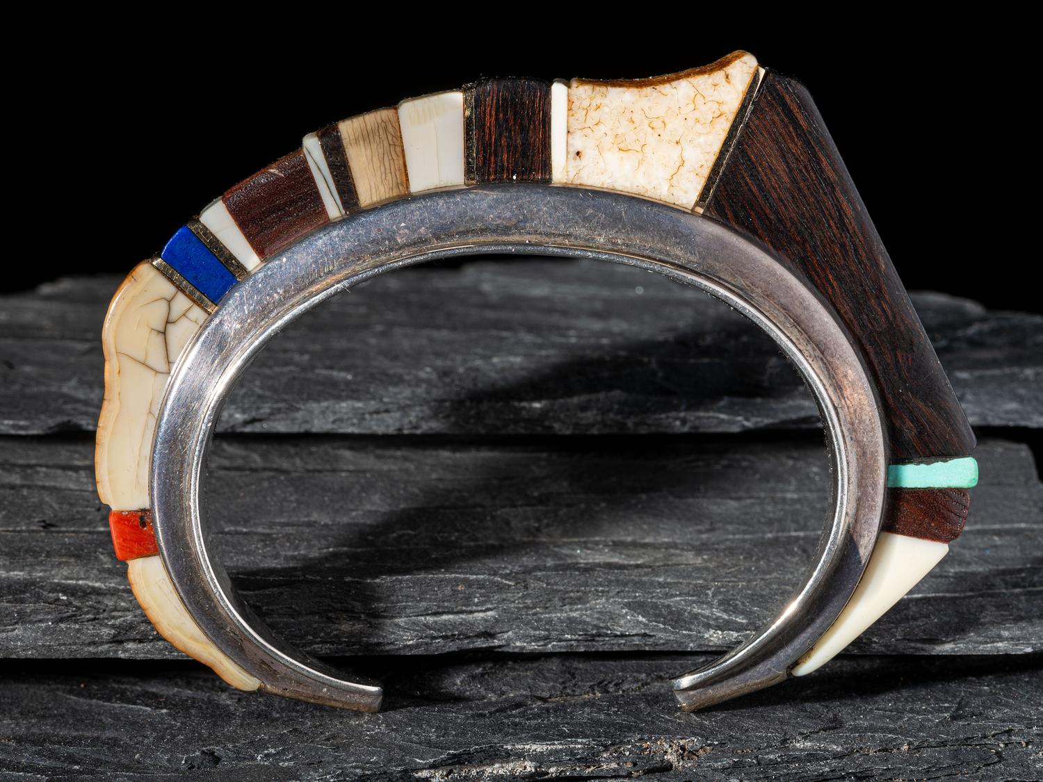 Abstract Silver Cuff Bracelet, set with Ironwood, Lapis, Coral, Turquoise, and 14K Gold Spacers