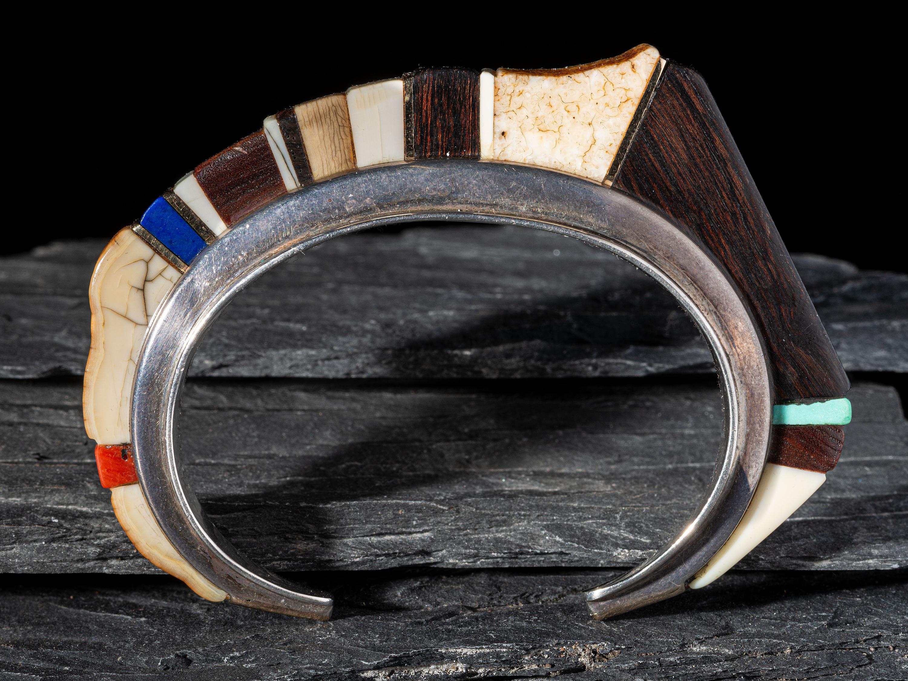 Abstract Silver Cuff Bracelet, set with Ironwood, Lapis, Coral, Turquoise, and 14K Gold Spacers