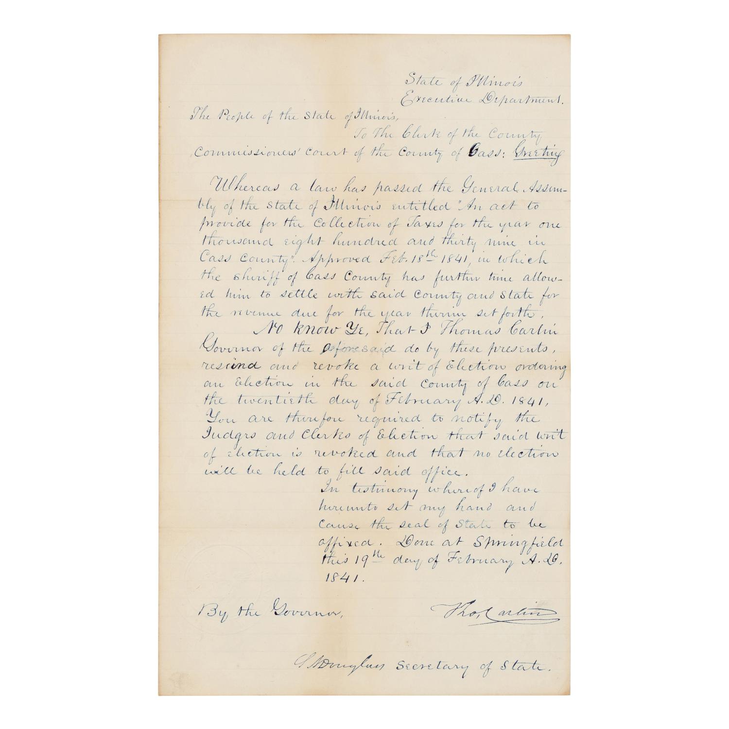 DOUGLAS, Stephen Arnold (1813-1861). A group of 14 documents and letters relating to Douglas's legal and political career, ca 1834-1857, comprising: