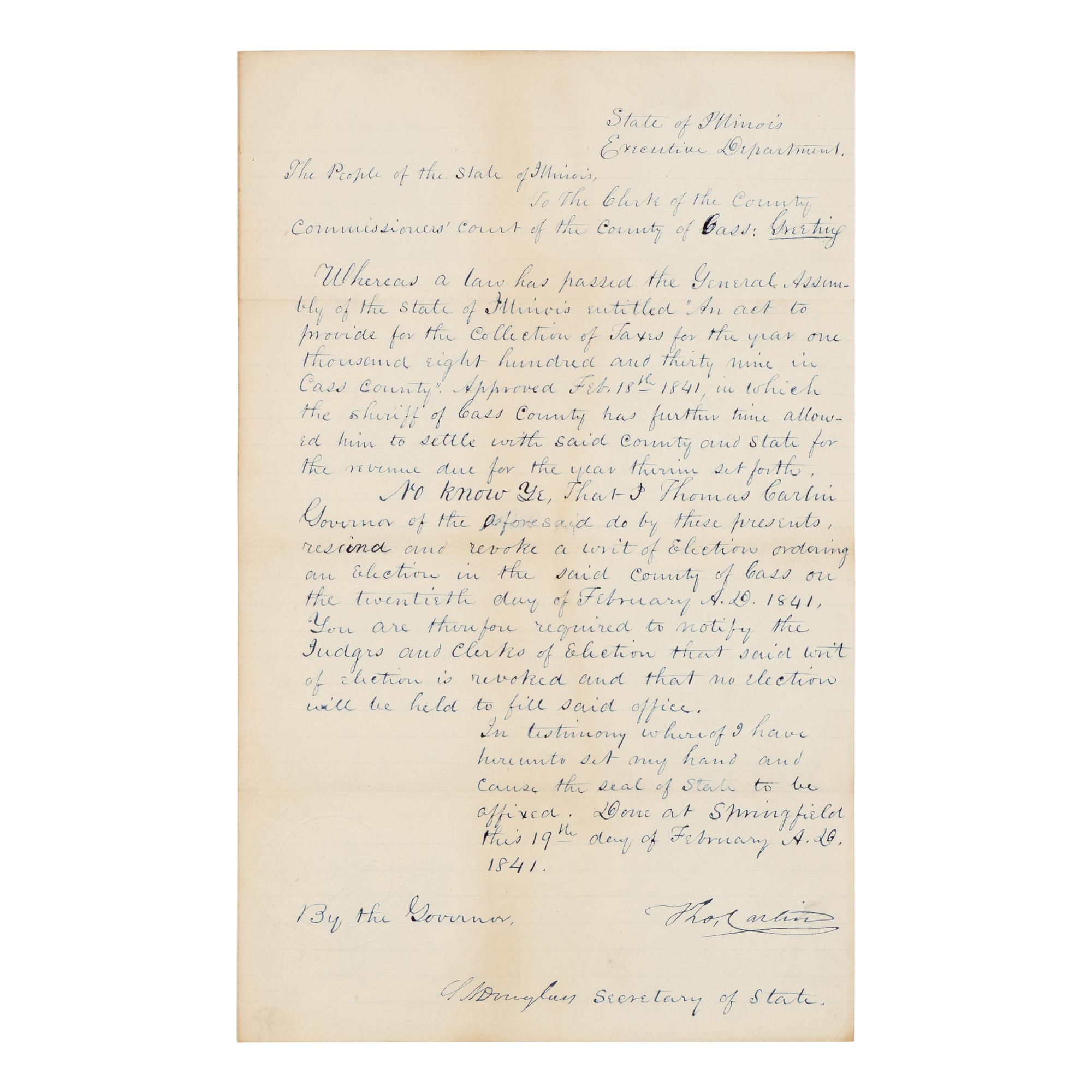 DOUGLAS, Stephen Arnold (1813-1861). A group of 14 documents and letters relating to Douglas's legal and political career, ca 1834-1857, comprising: