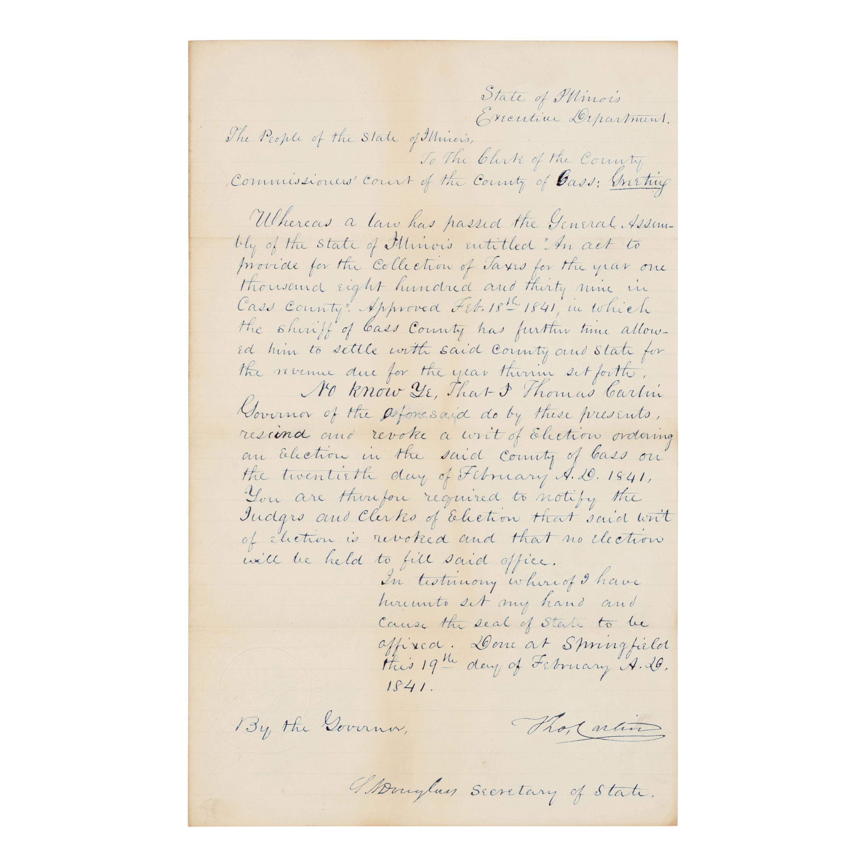 DOUGLAS, Stephen Arnold (1813-1861). A group of 14 documents and letters relating to Douglas's legal and political career, ca 1834-1857, comprising: