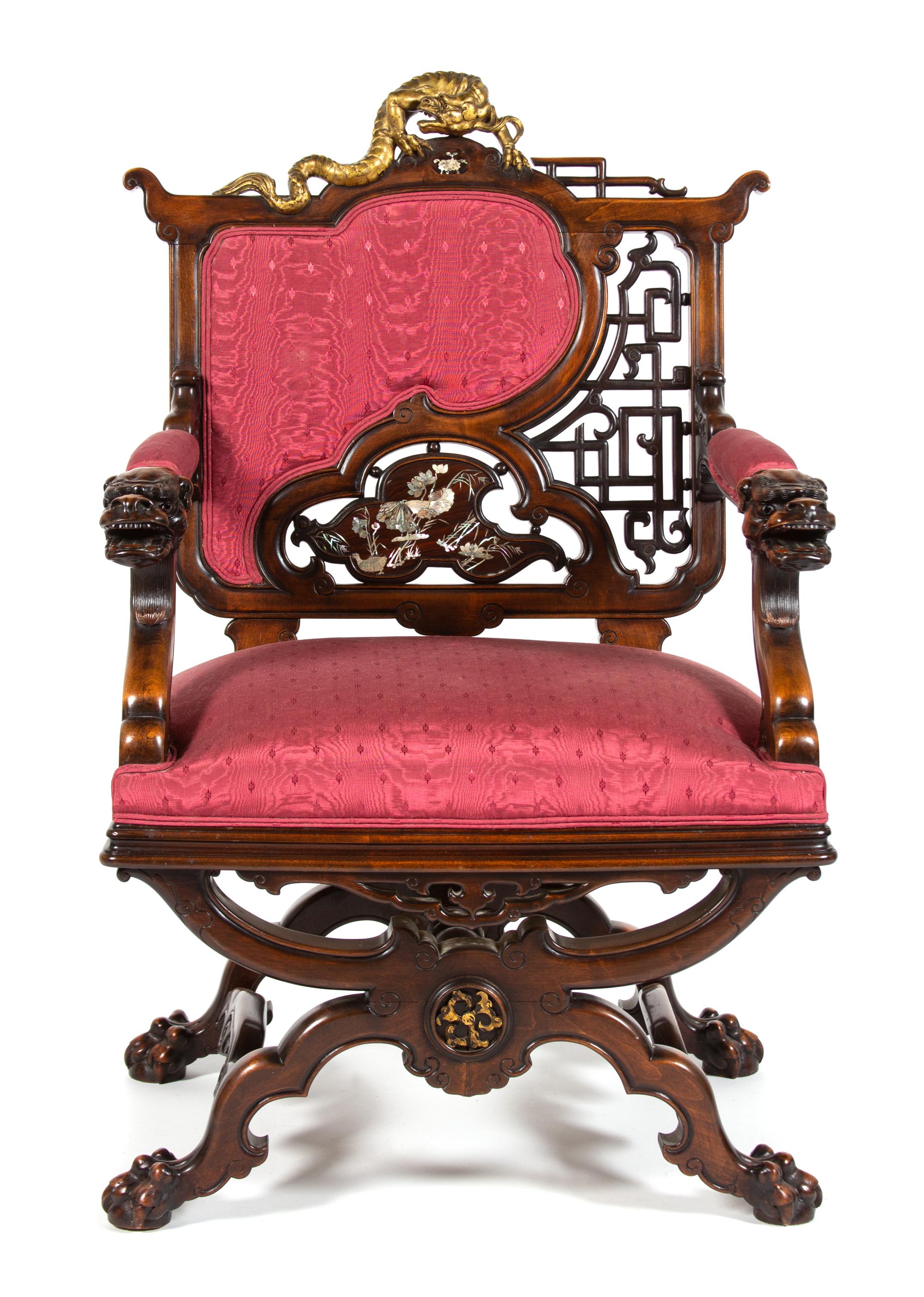 A French Parcel Gilt and Mother-of-Pearl Inlaid Armchair Attributed to Gabriel Viardot