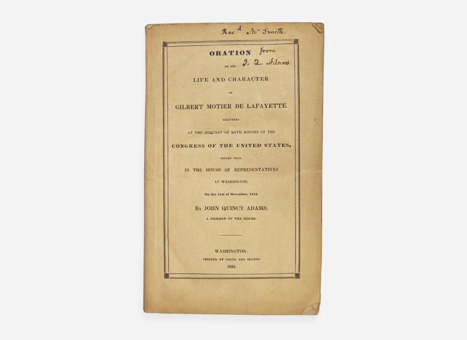 [Presidential] Adams, John Quincy: Oration on the Life and Character of Gilbert Motier de Lafayette...