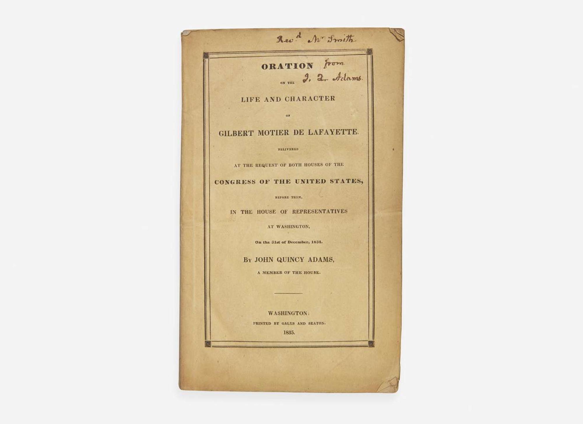 [Presidential] Adams, John Quincy: Oration on the Life and Character of Gilbert Motier de Lafayette...