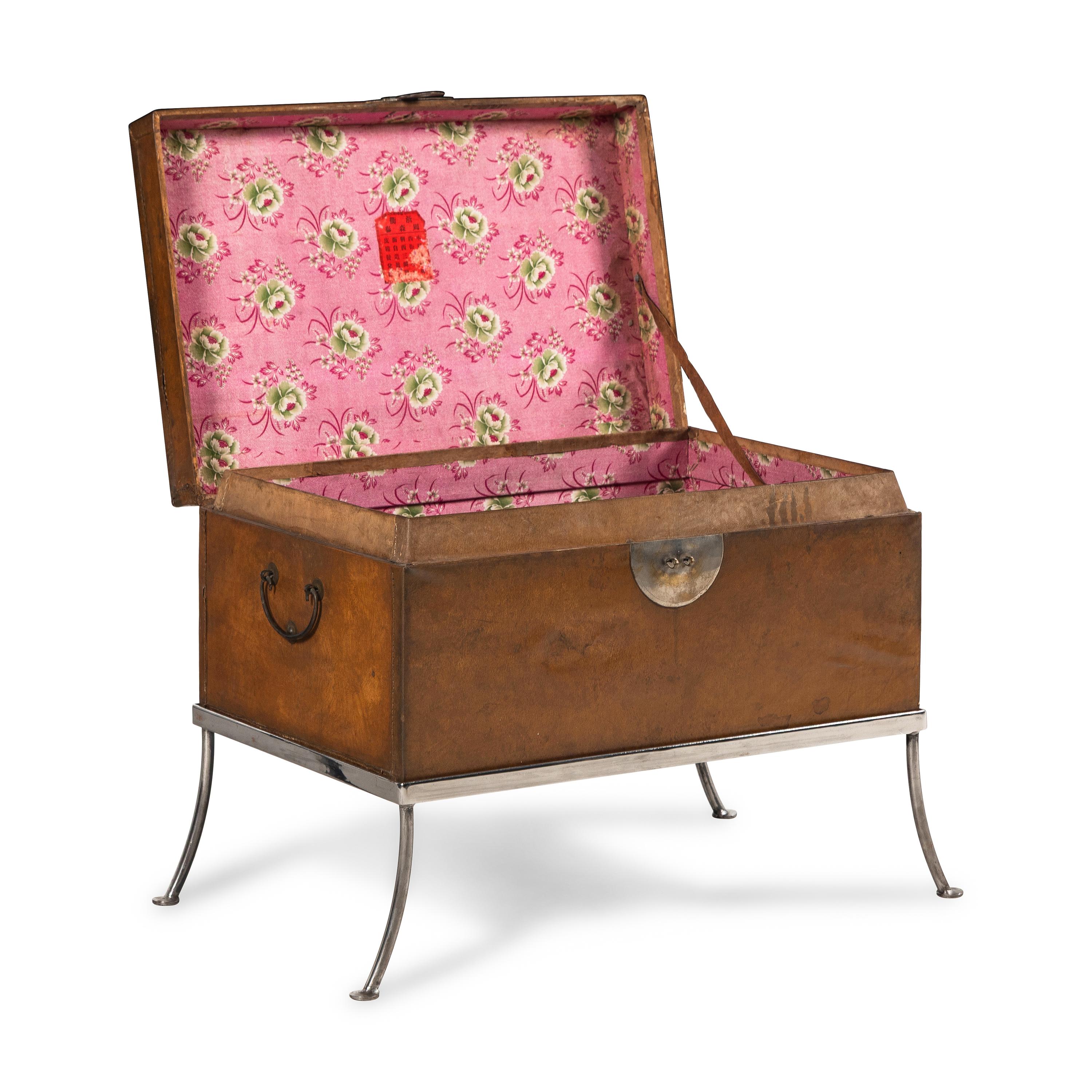 A Chinese Leather-Clad Trunk on Stand