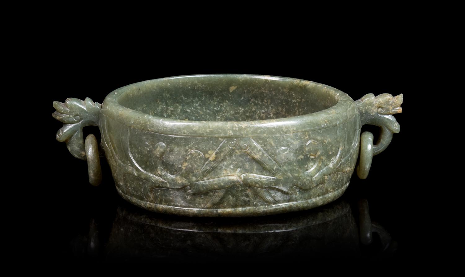 A Carved Spinach Jade Brush Washer Diameter 5 1/4 inches. — 20TH CENTURY