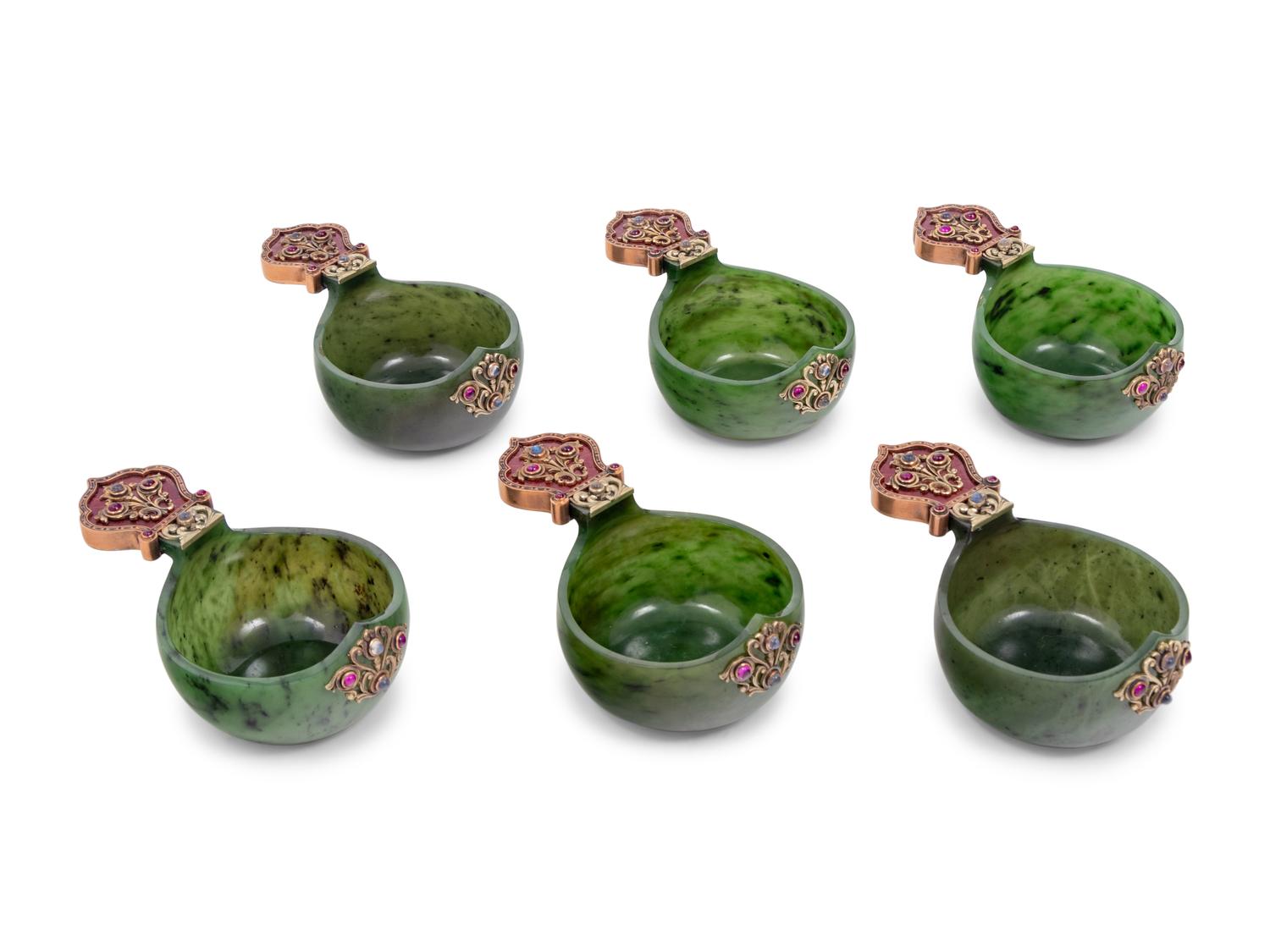 A Large Russian 14-Karat Gold, Enamel and Gemstone Mounted Spinach Jade Kovsh-Form Punch Service