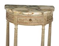 A Louis XVI Style Grey-Painted Demilune Marble-Top Console Table