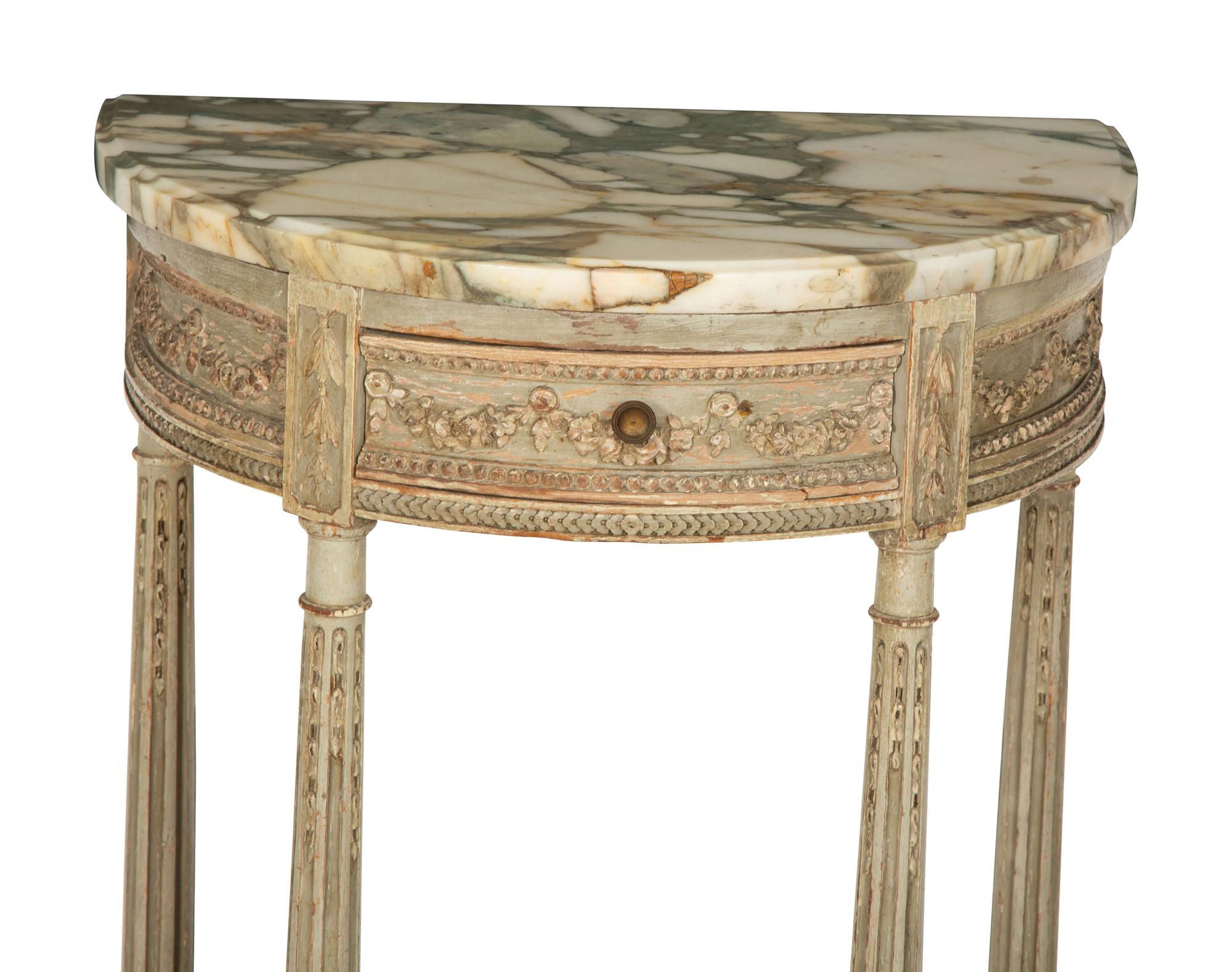 A Louis XVI Style Grey-Painted Demilune Marble-Top Console Table