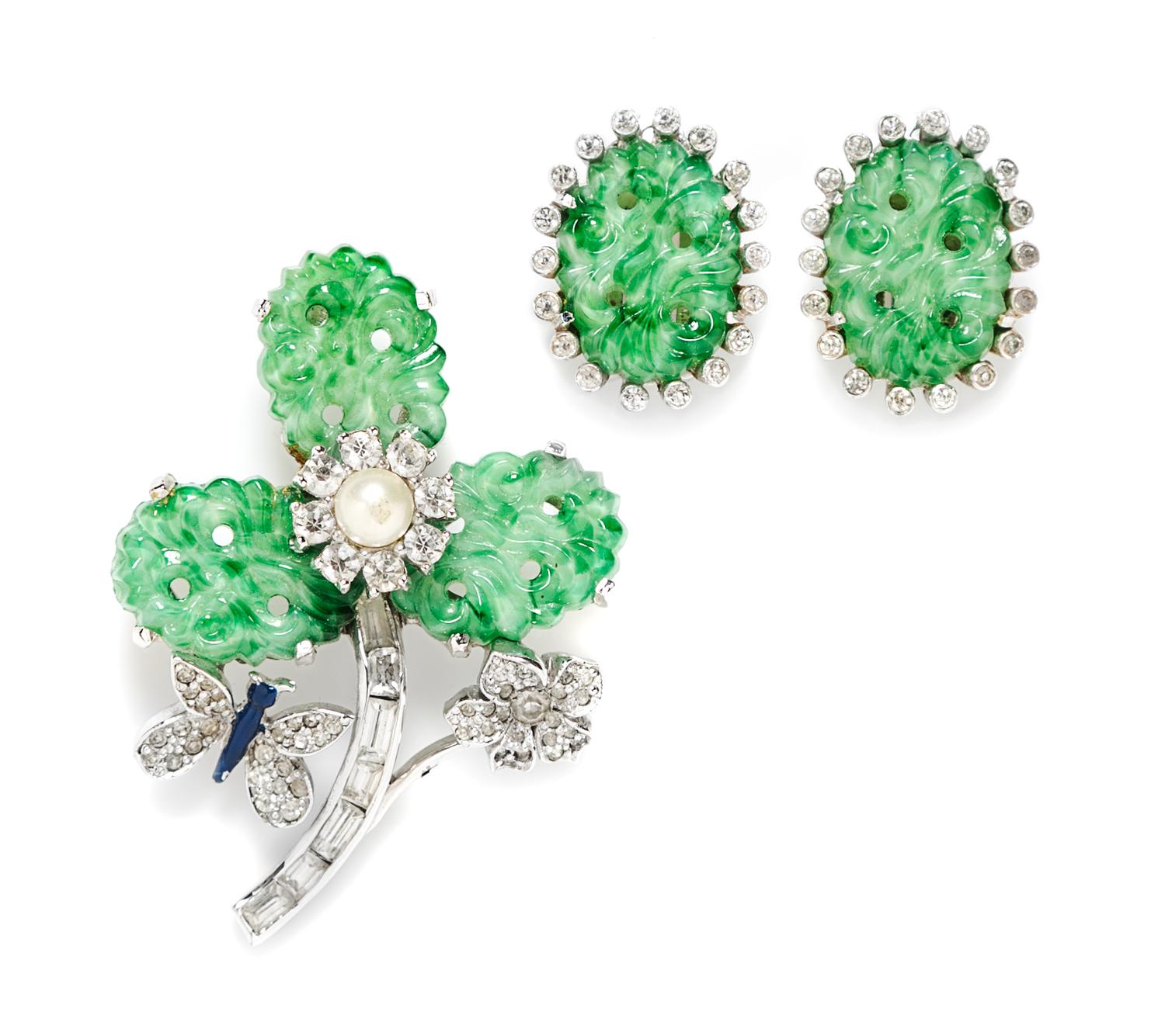 A Jomaz Clover and Butterfly Demi Parure, Brooch: 2" x 1.5"; Earclip: 1" x .75".