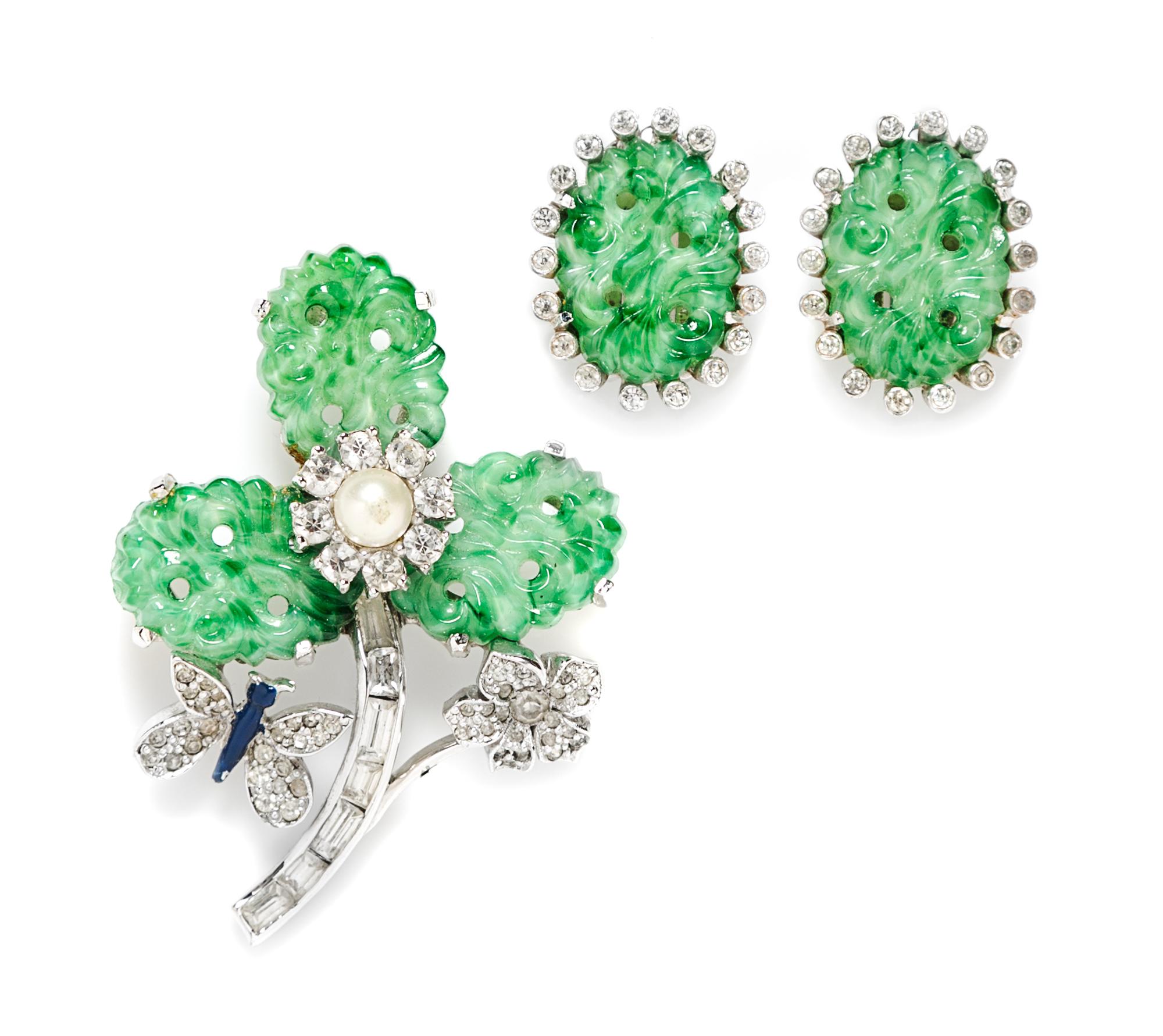 A Jomaz Clover and Butterfly Demi Parure, Brooch: 2" x 1.5"; Earclip: 1" x .75".