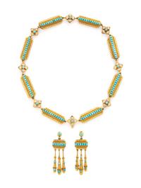 VICTORIAN, YELLOW GOLD, TURQUOISE, AND ENAMEL NECKLACE AND EARRINGS