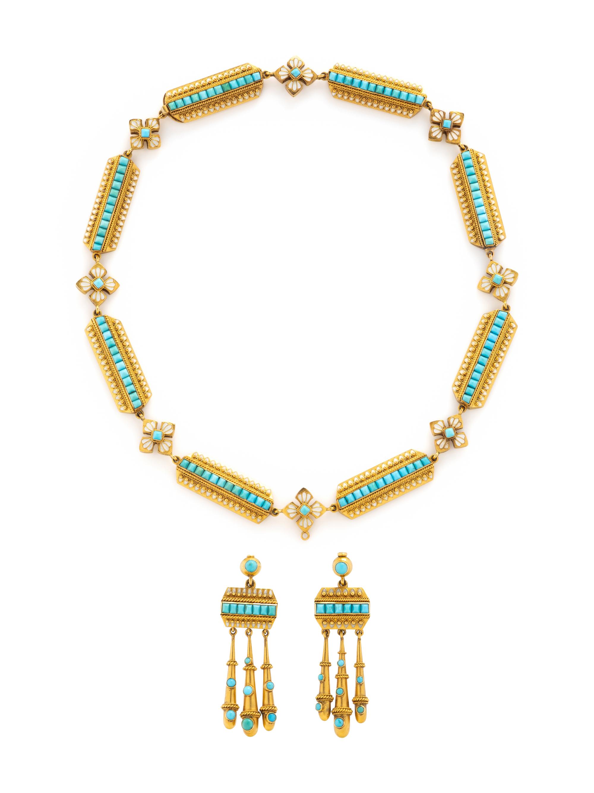 VICTORIAN, YELLOW GOLD, TURQUOISE, AND ENAMEL NECKLACE AND EARRINGS