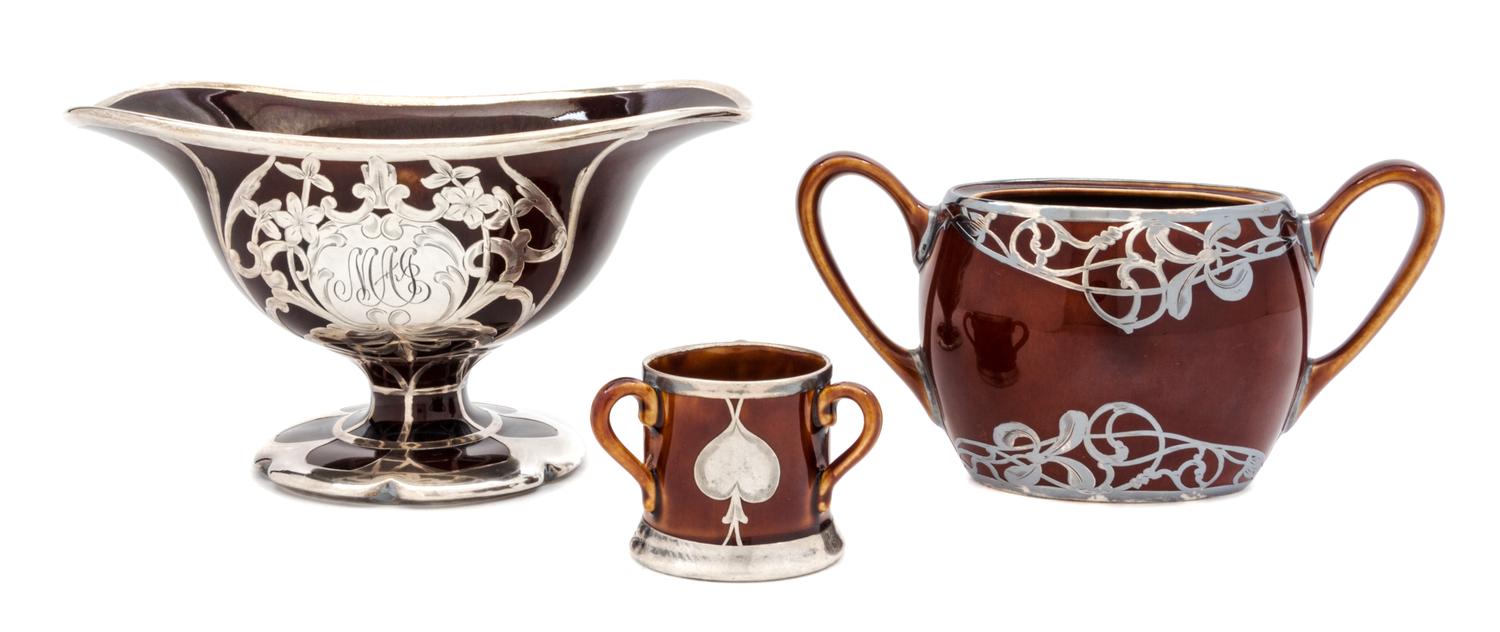 A Group of Three Silver Overlay Staffordshire Articles Width of first 6 1/4 inches.