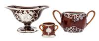 A Group of Three Silver Overlay Staffordshire Articles Width of first 6 1/4 inches.