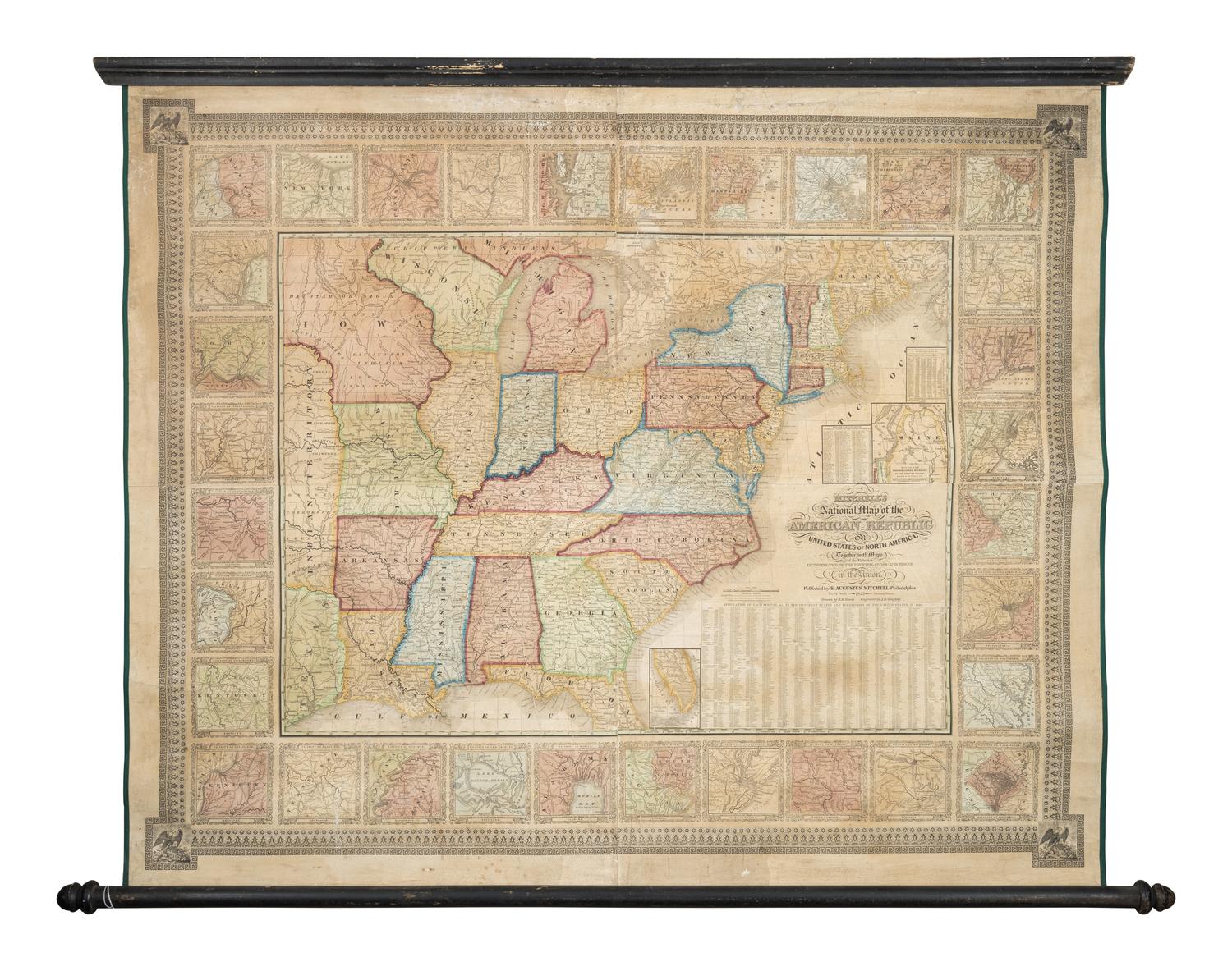 MITCHELL, Samuel Augustus (1792-1868). Mitchell's National Map of the American republic or United States of North America, together with maps of the Vicinities of thirty-two of the principal cities and towns in the Union . Philadelphia, 1843.
