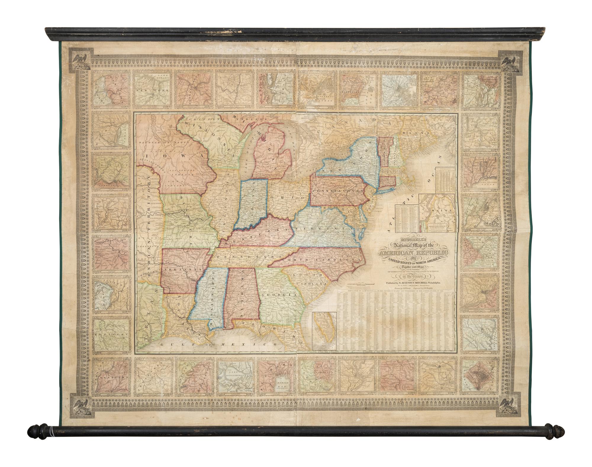 MITCHELL, Samuel Augustus (1792-1868). Mitchell's National Map of the American republic or United States of North America, together with maps of the Vicinities of thirty-two of the principal cities and towns in the Union . Philadelphia, 1843.