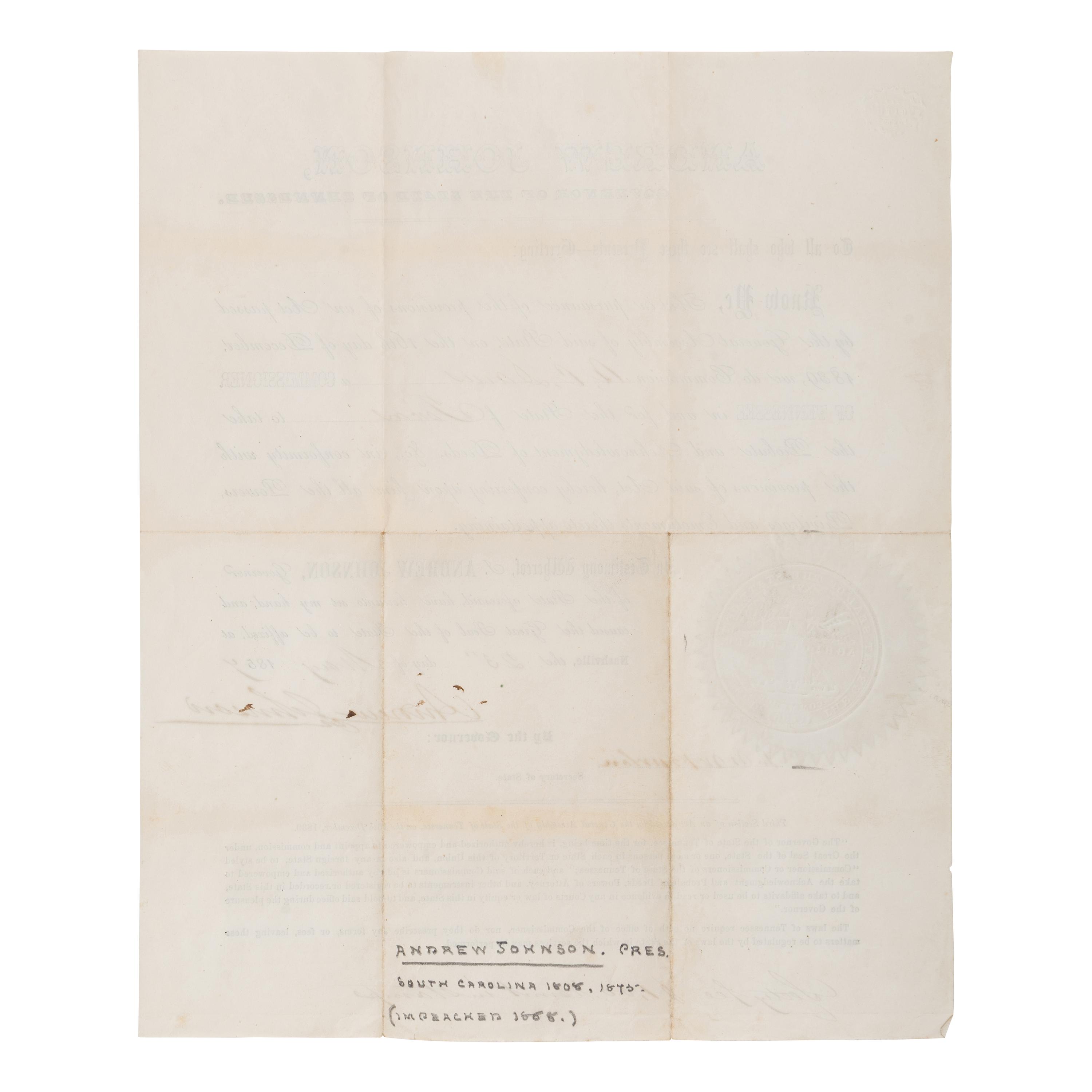 Johnson, Andrew (1808-1875). Partly engraved document signed ("Andrew Johnson"), Nashville, 23 May 1854.