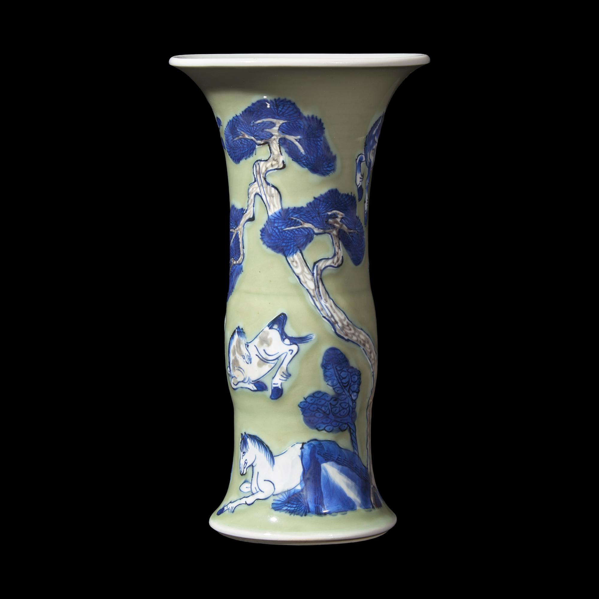 A Chinese Celadon Ground Copper Red, Blue and White 'Horses' Gu Vase, Kangxi Period 清康熙 豆青地青花釉裏紅八駿圖觚