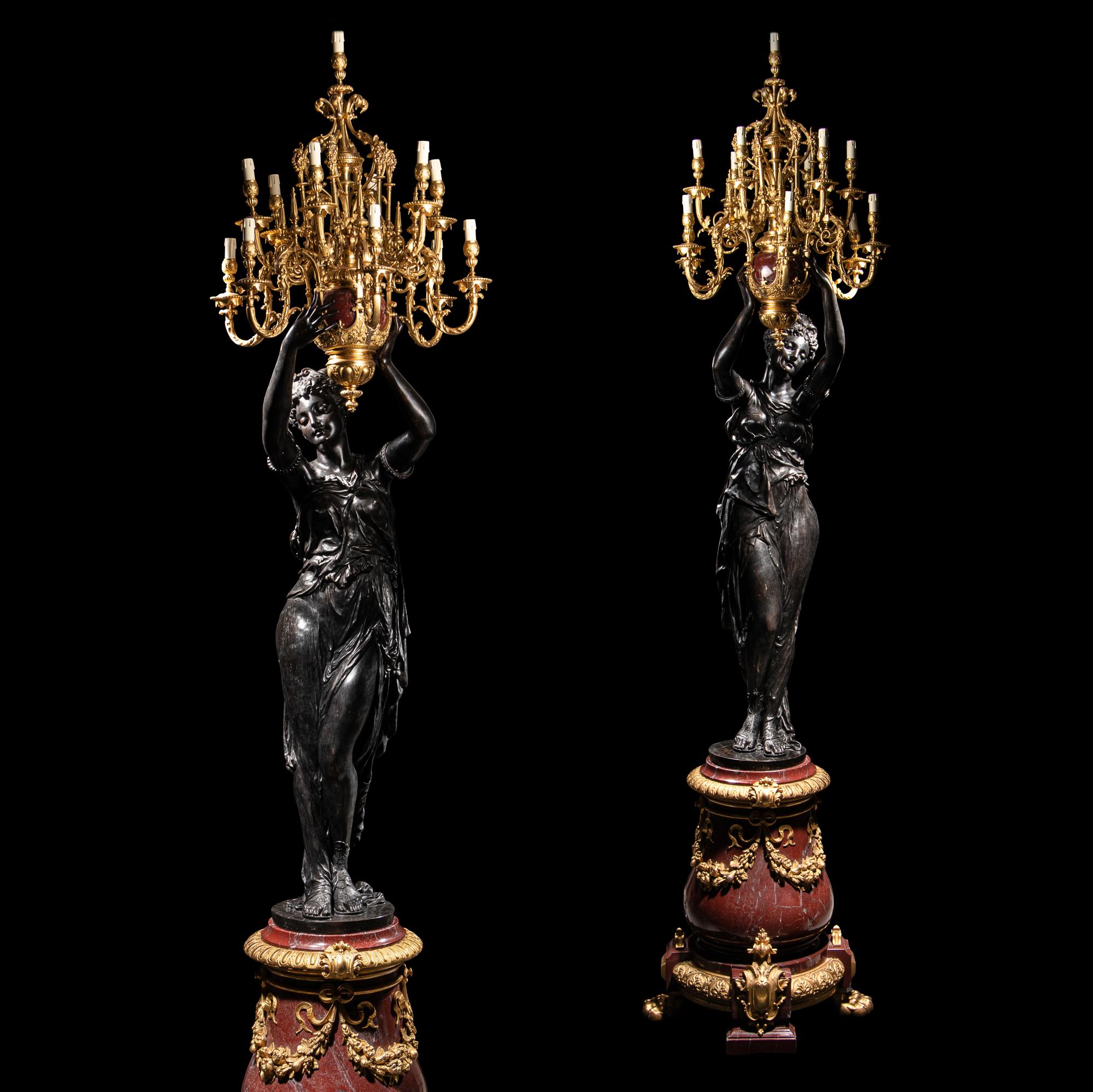 A Pair of Monumental Gilt and Patinated Bronze and Rouge Marble Figural Torchères