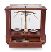 A Central Scientific Co. Scale, an Ingraham Eight-Day Movement Mantle Clock and Framed Salesmen Samples of Blue Grass Axes