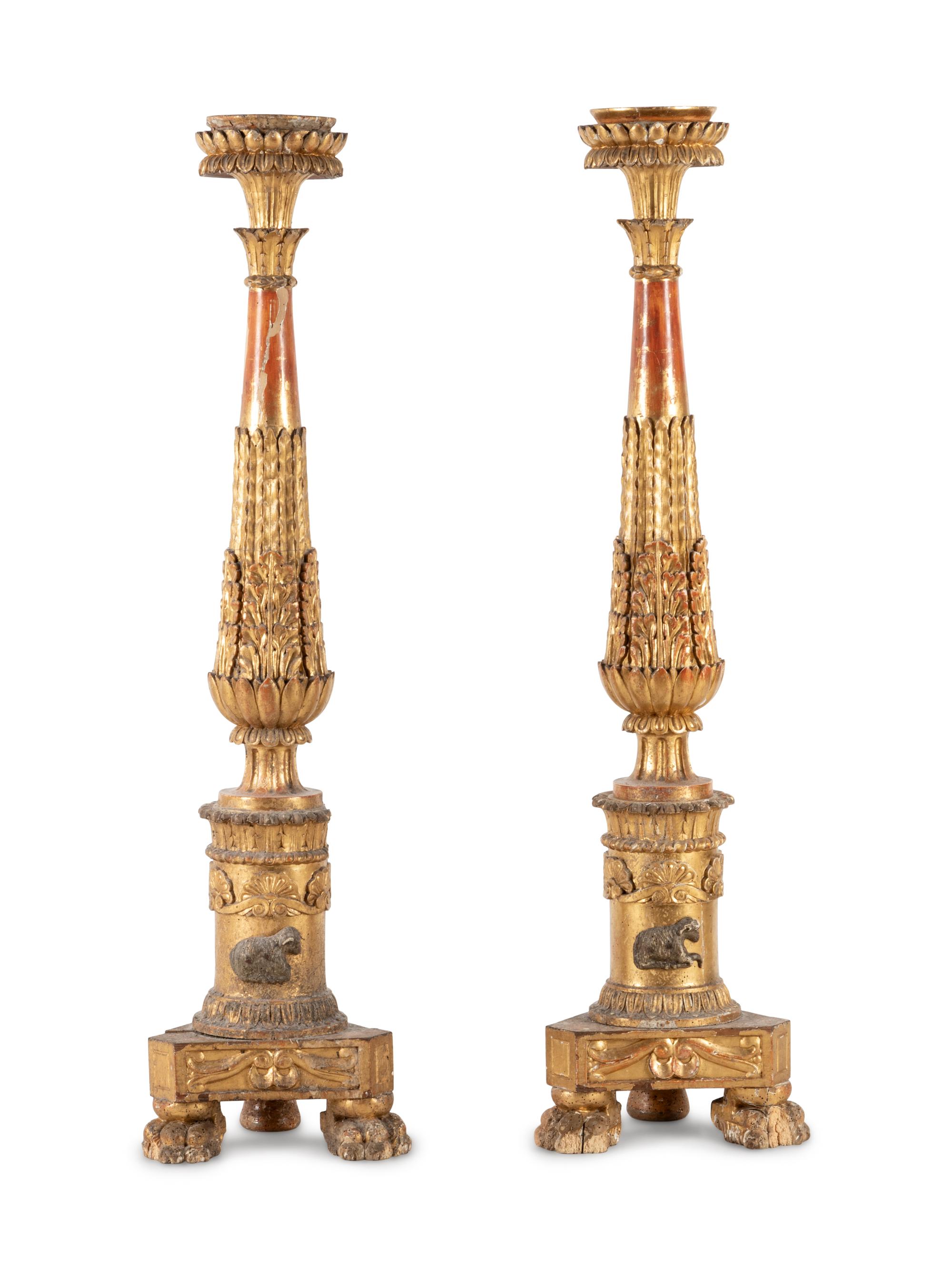 A Pair of Neoclassical Carved Giltwood Prickets