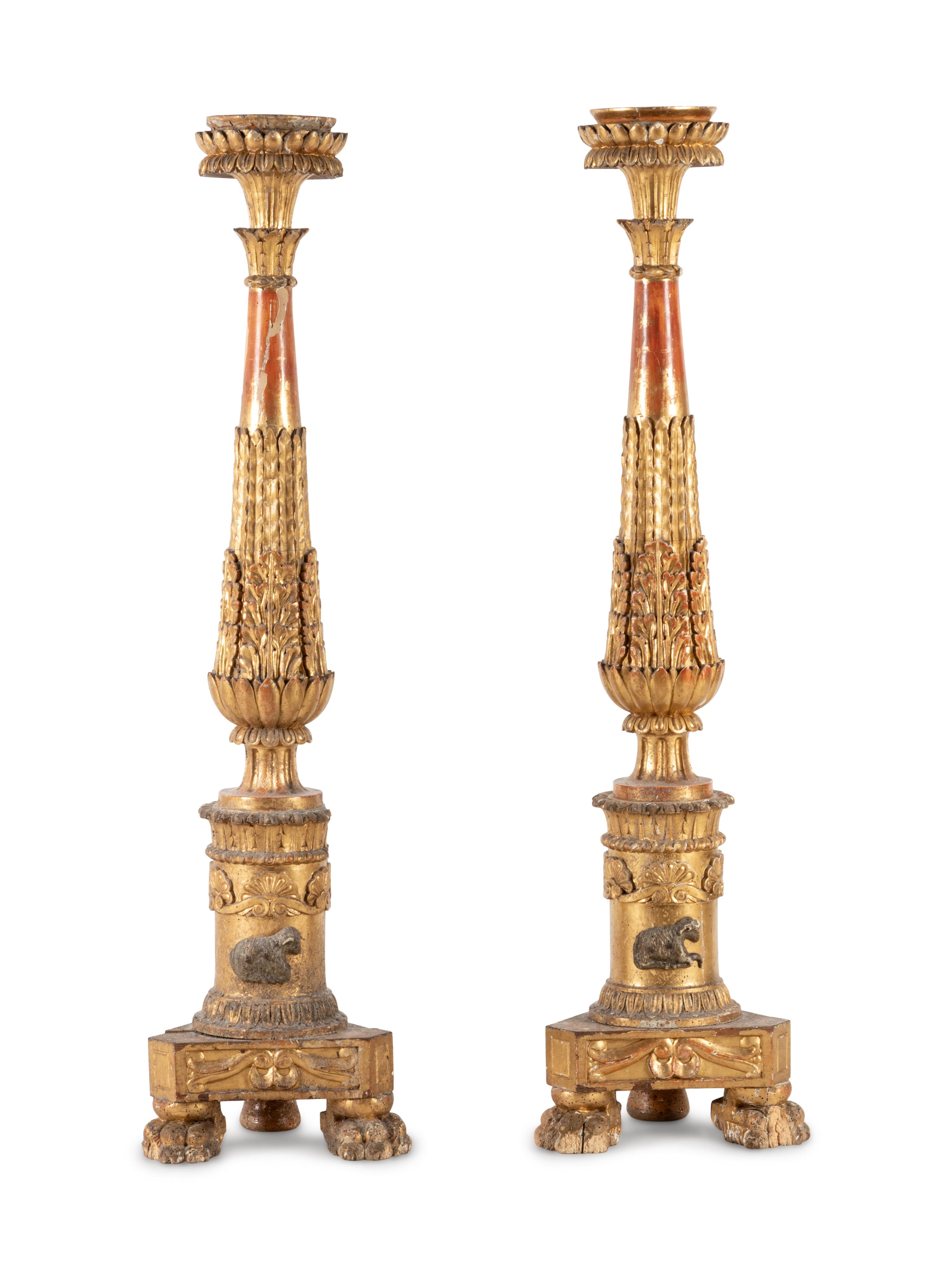 A Pair of Neoclassical Carved Giltwood Prickets