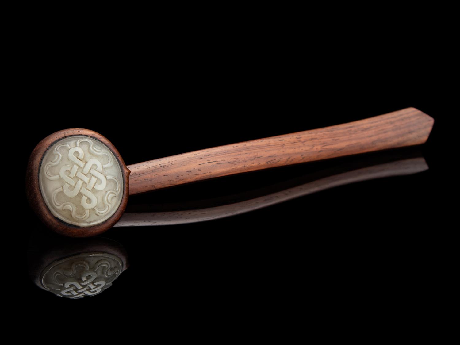 A Chinese Grey Jade Inset Hardwood Ruyi Scepter