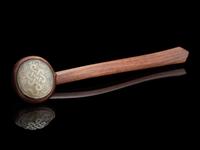A Chinese Grey Jade Inset Hardwood Ruyi Scepter