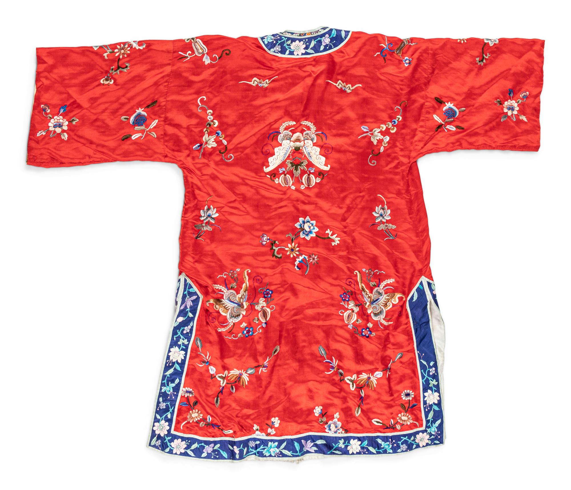 A Chinese Red Ground Embroidered Silk Lady's Robe