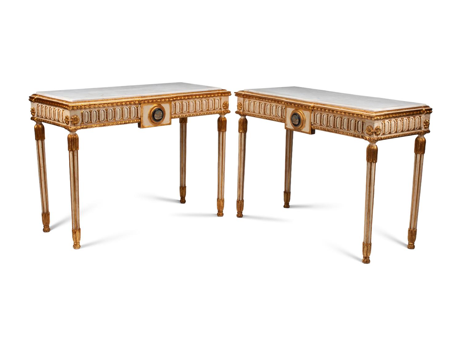 A Pair of Italian Neoclassical Style Cream-Painted, Parcel Gilt and Micro Mosaic Plaque-Mounted Console Tables
