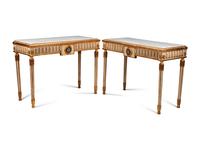A Pair of Italian Neoclassical Style Cream-Painted, Parcel Gilt and Micro Mosaic Plaque-Mounted Console Tables