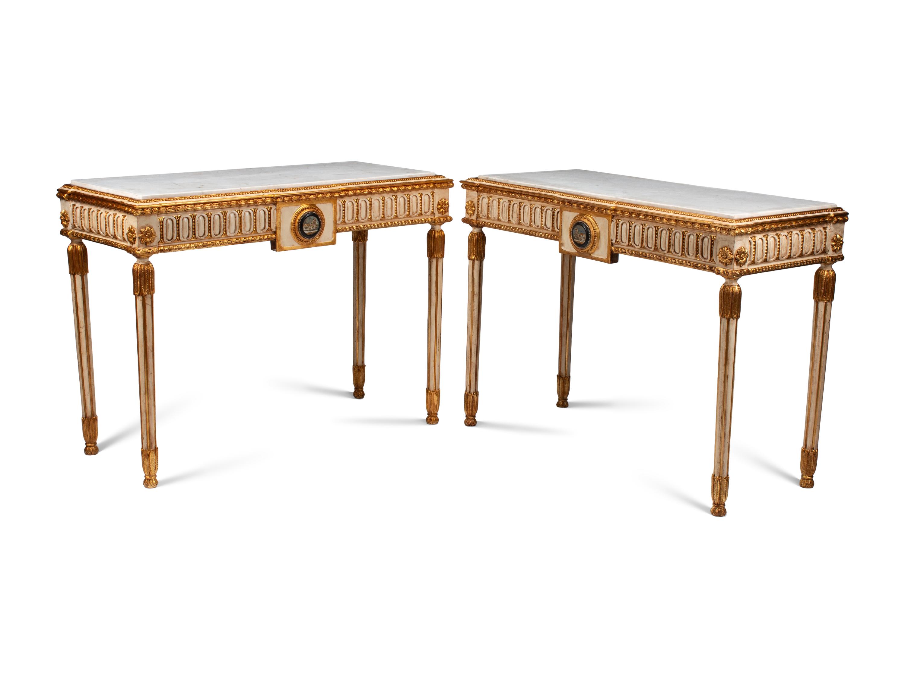 A Pair of Italian Neoclassical Style Cream-Painted, Parcel Gilt and Micro Mosaic Plaque-Mounted Console Tables