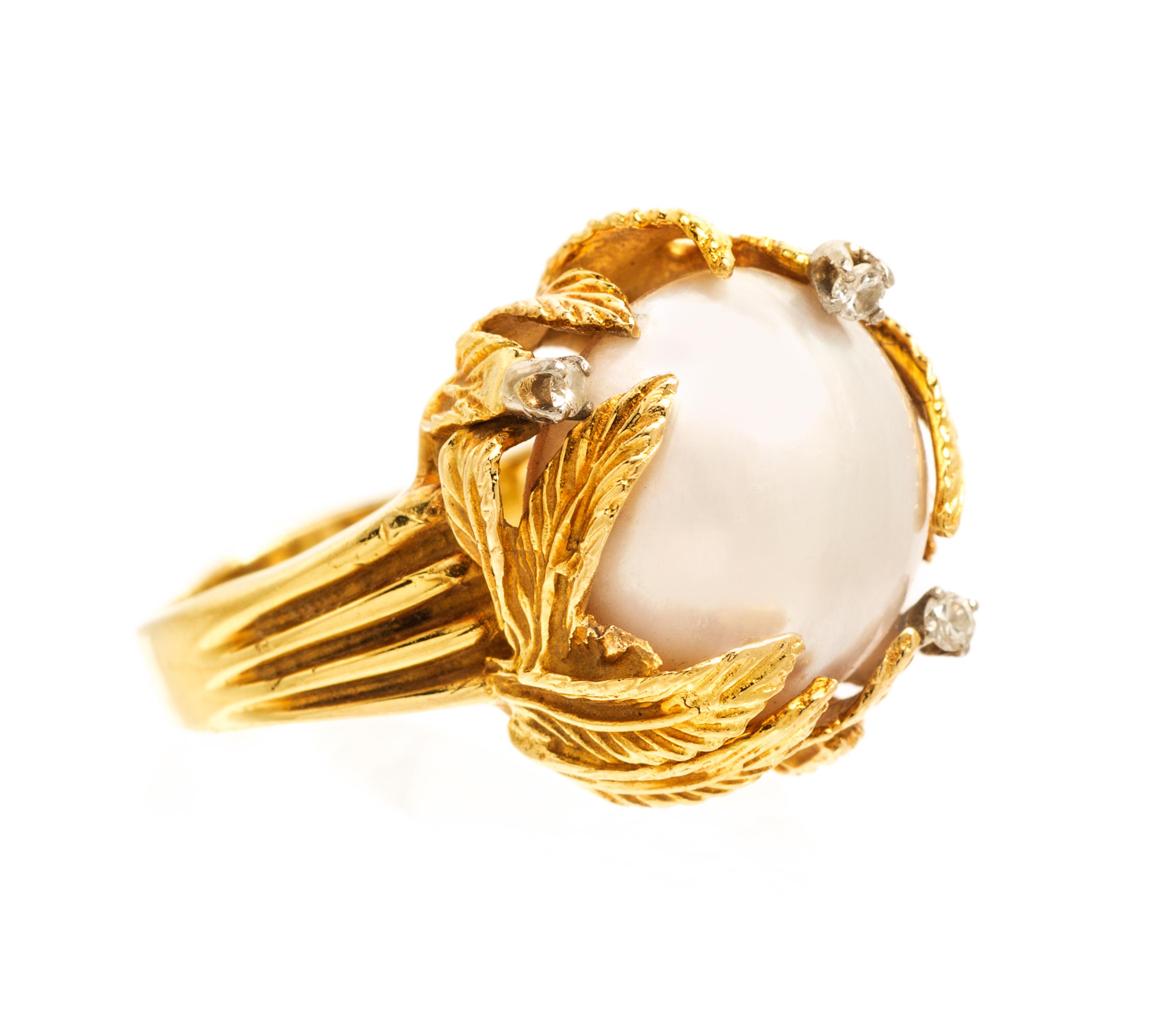 An 18 Karat Yellow Gold, Mabe Pearl and Diamond Leaf Motif Ring, 8.70 dwts.